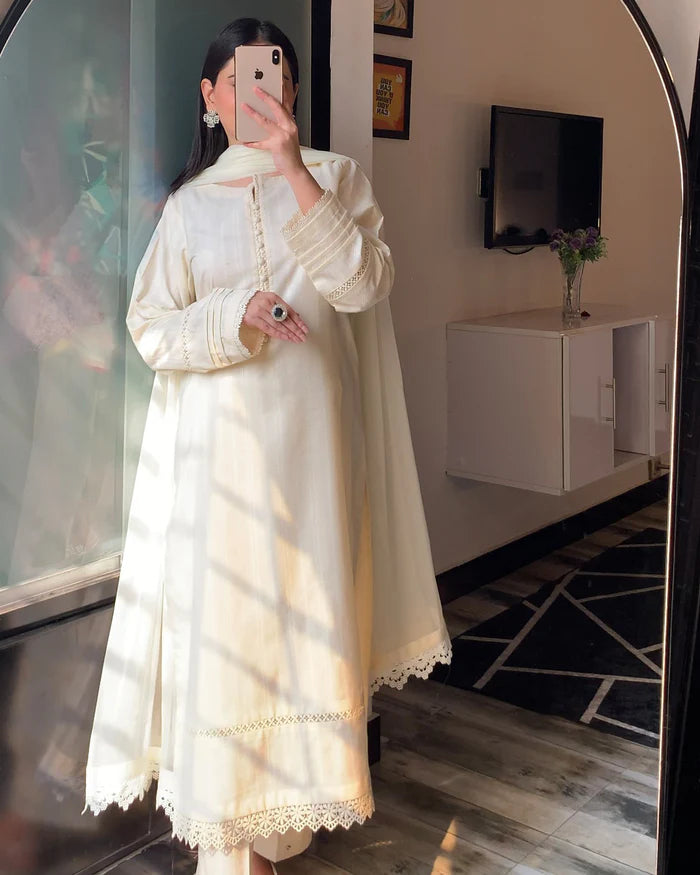 3 Piece - Dobby Khaddar Ivory Dress