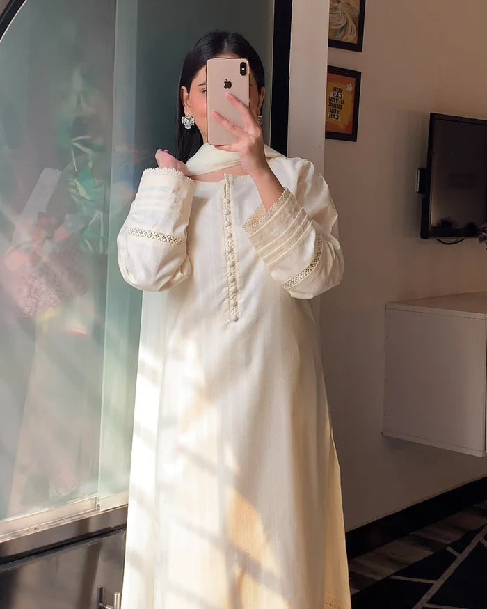 3 Piece - Dobby Khaddar Ivory Dress