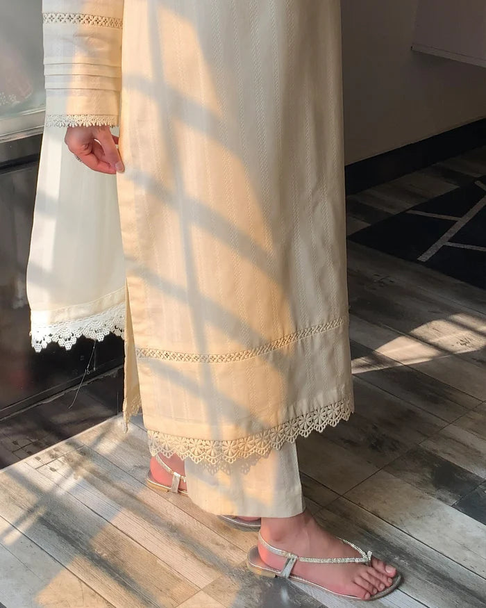 3 Piece - Dobby Khaddar Ivory Dress