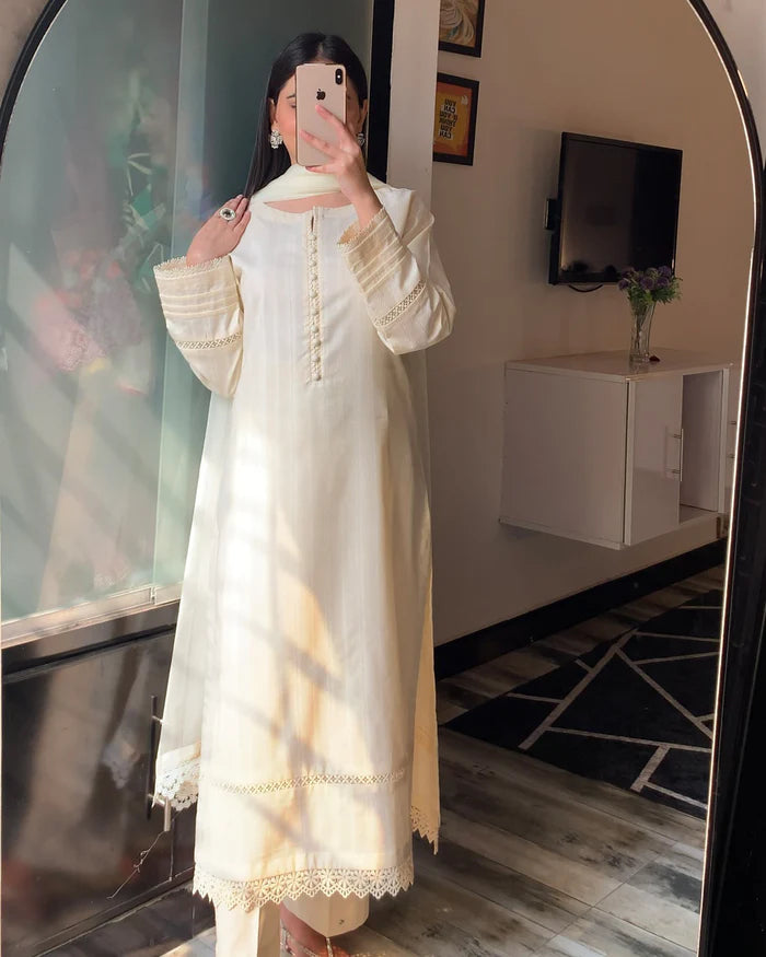 3 Piece - Dobby Khaddar Ivory Dress