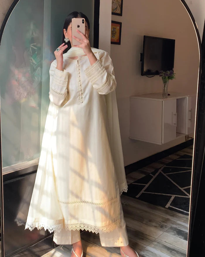 3 Piece - Dobby Khaddar Ivory Dress