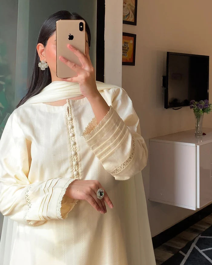 3 Piece - Dobby Khaddar Ivory Dress