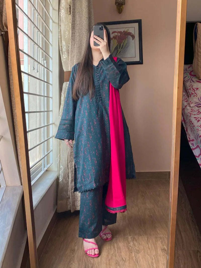 3 Piece - Lawn Printed Dress With Shalwar