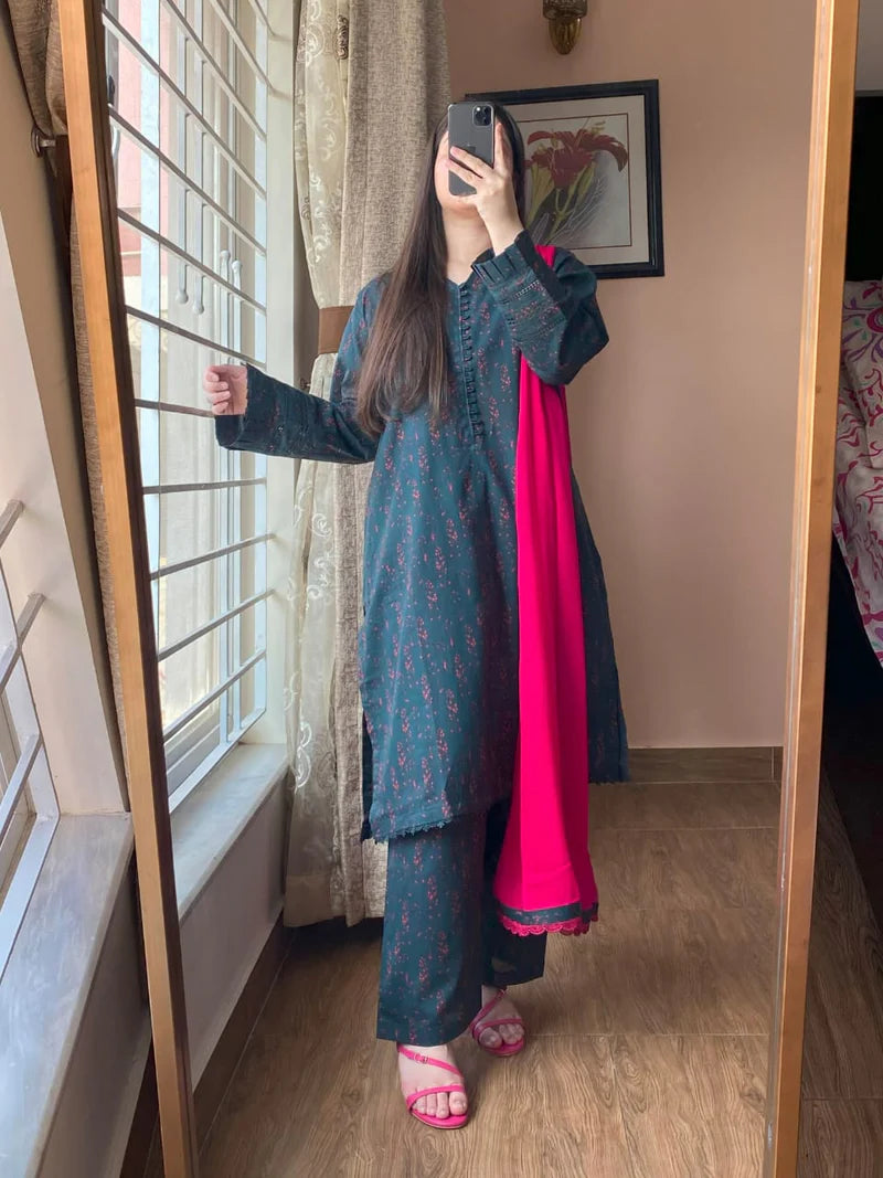 3 Piece - Lawn Printed Dress With Shalwar