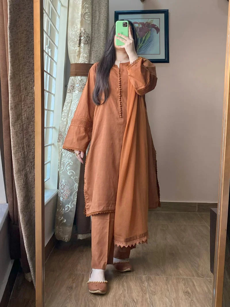 3 Piece - Lawn Dobby Dress with Plazo