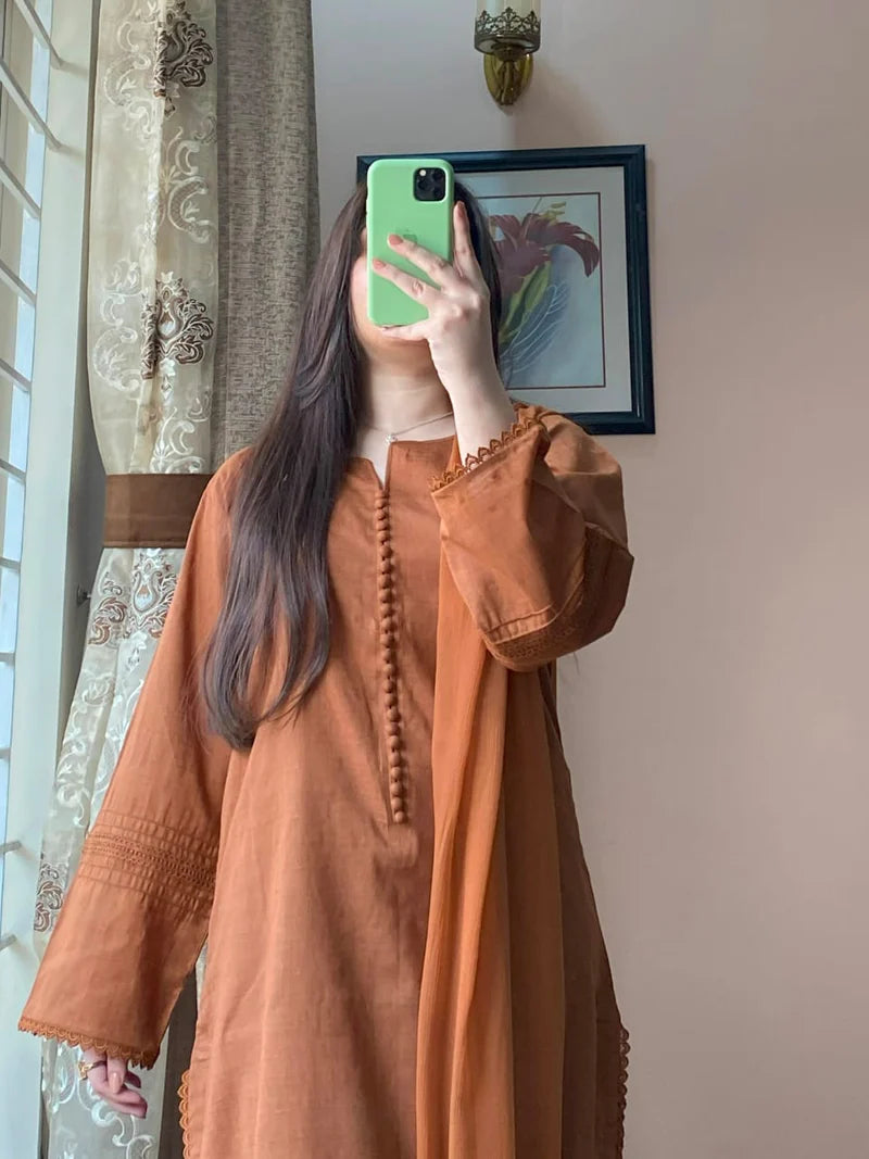 3 Piece - Lawn Dobby Dress with Plazo
