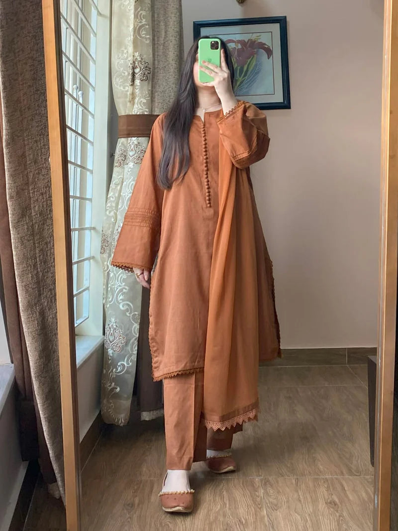 3 Piece - Lawn Dobby Dress with Plazo