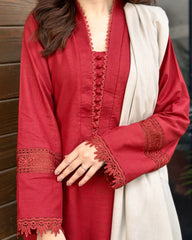 3 Piece - Slub Khaddar Maroon Dress