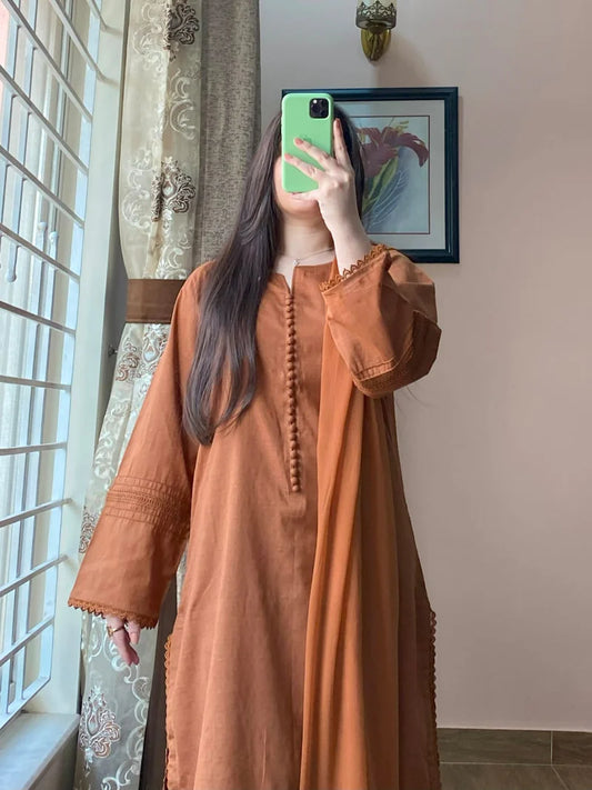 3 Piece - Lawn Dobby Dress with Plazo