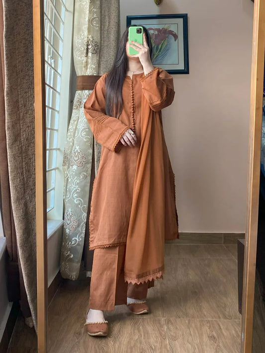 3 Piece - Lawn Dobby Dress with Plazo